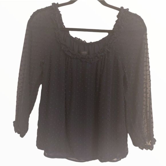 💕j. Crew Silk Ruffle "Penny" Top in Clip Dot Navy - Picture 3 of 11